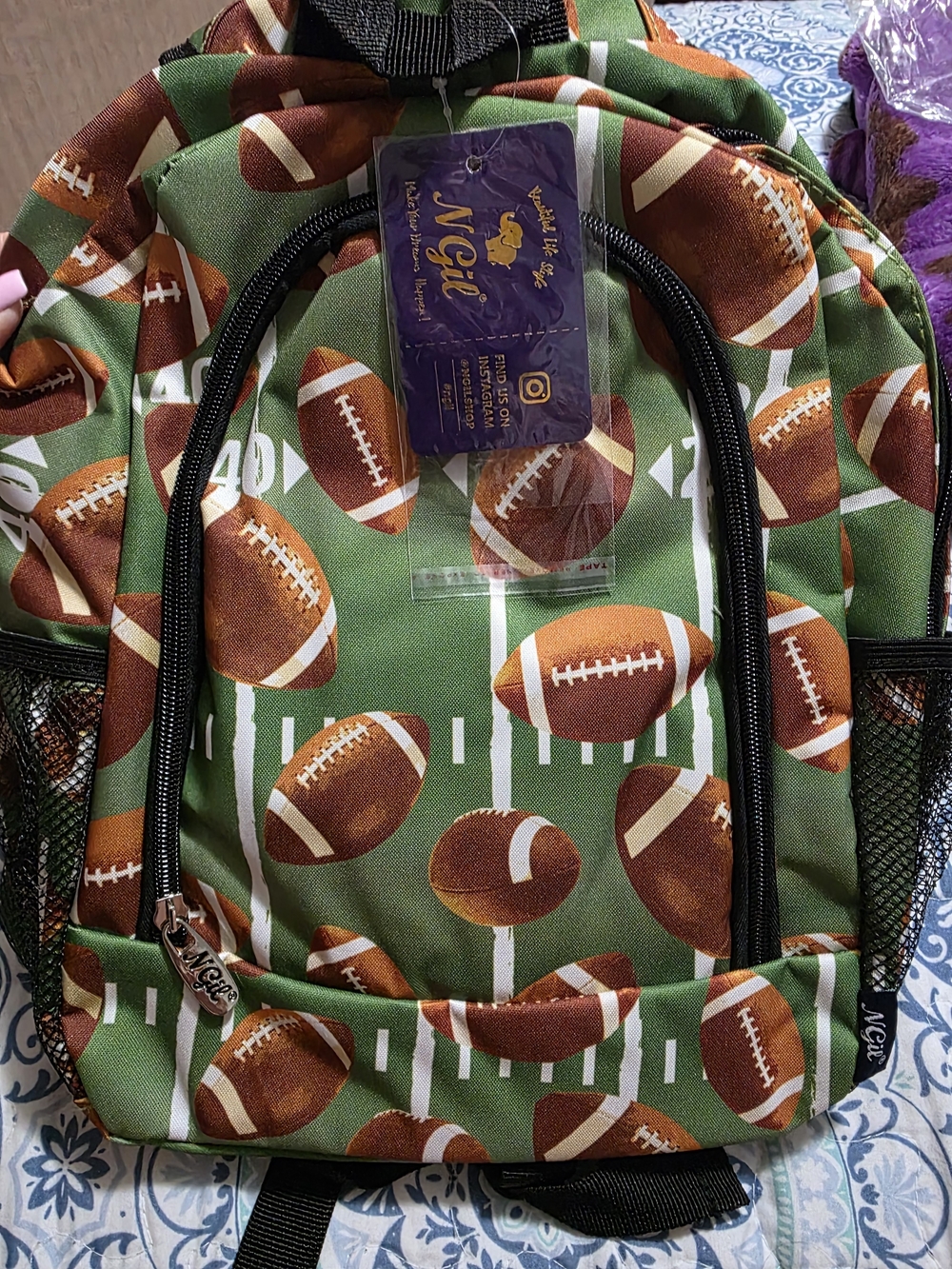 Kids Football Print Backpack - Green & Brown